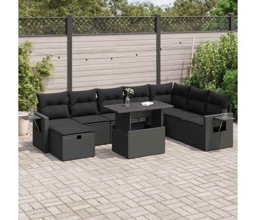 Set de sofás de jardín con cojines 9 pzas ratán sintético negro