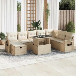 Set de sofás de jardín con cojines 9 pzas ratán sintético beige