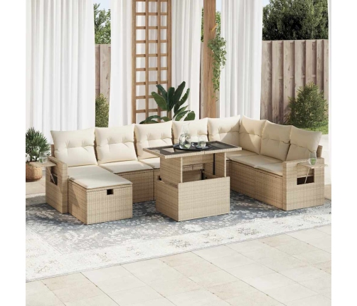 Set de sofás de jardín con cojines 9 pzas ratán sintético beige