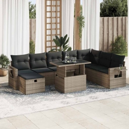 Set de sofás de jardín con cojines 9 pzas ratán sintético gris