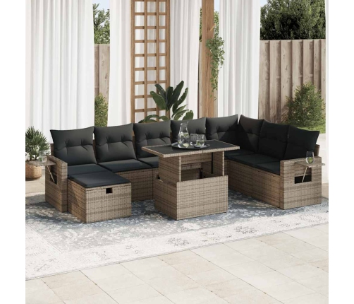 Set de sofás de jardín con cojines 9 pzas ratán sintético gris