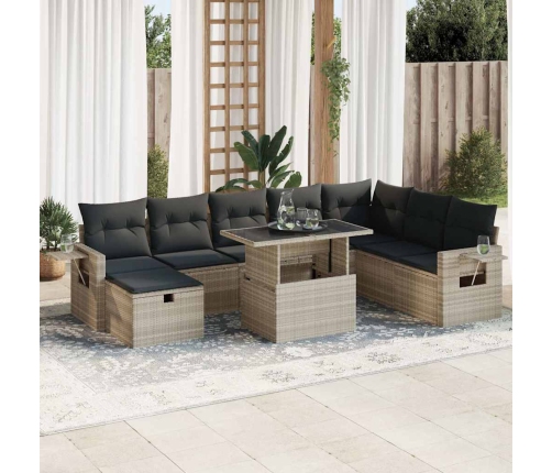 Set muebles jardín 9 pzas y cojines ratán sintético gris claro