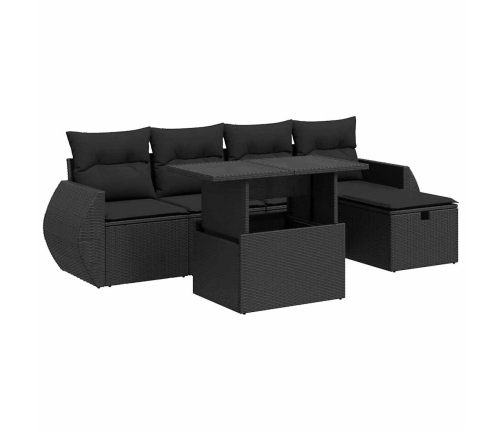 Set de sofás de jardín 6 piezas y cojines ratán sintético negro