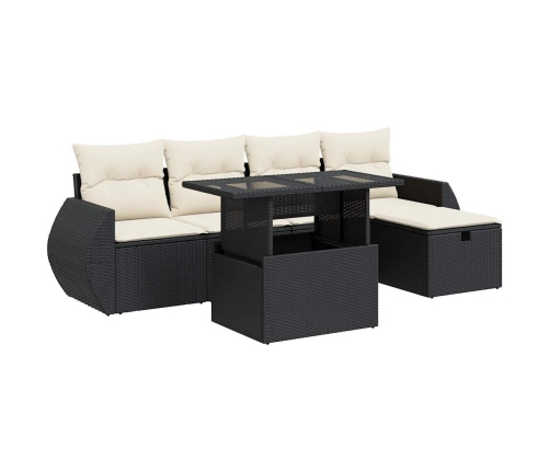 Set de sofás de jardín 6 piezas y cojines ratán sintético negro