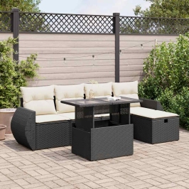 Set de sofás de jardín 6 piezas y cojines ratán sintético negro