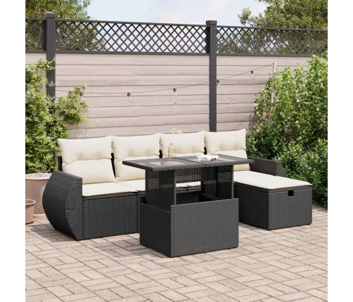 Set de sofás de jardín 6 piezas y cojines ratán sintético negro