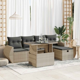 Set de sofás de jardín 6 pzas y cojines ratán sintético gris