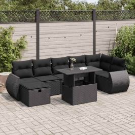 Set de sofás de jardín y cojines 8 piezas ratán sintético negro
