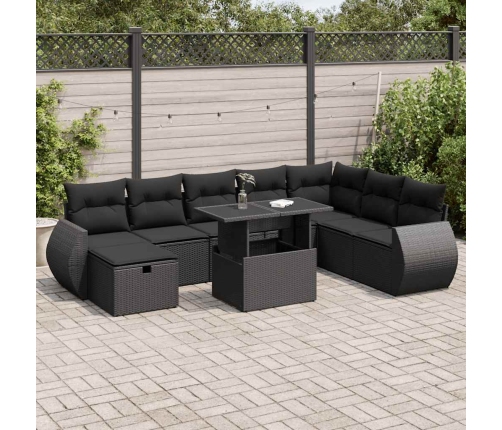 Set de sofás de jardín con cojines 9 pzas ratán sintético negro