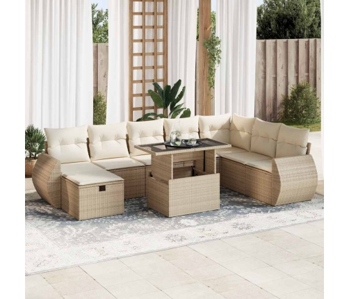 Set de sofás de jardín con cojines 9 pzas ratán sintético beige