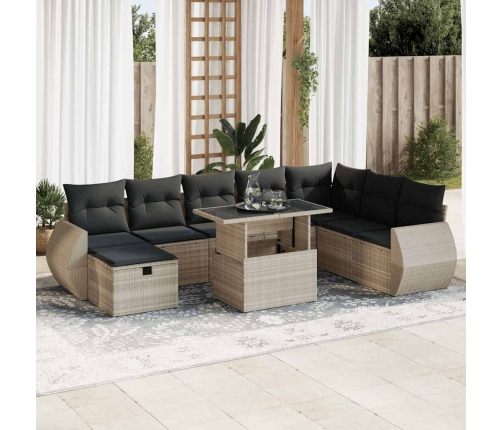 Set muebles jardín 9 pzas y cojines ratán sintético gris claro