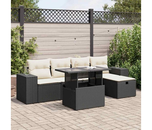 Set de sofás de jardín 6 piezas y cojines ratán sintético negro