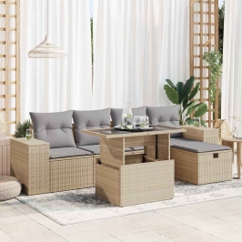Juego de sofás jardín con cojines 6 pzas ratán sintético beige