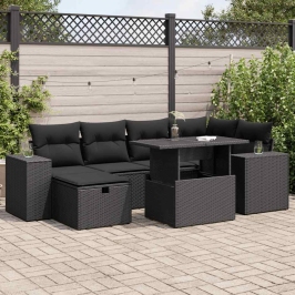 Set de sofás de jardín y cojines 8 piezas ratán sintético negro