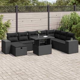 Set de sofás de jardín con cojines 9 pzas ratán sintético negro