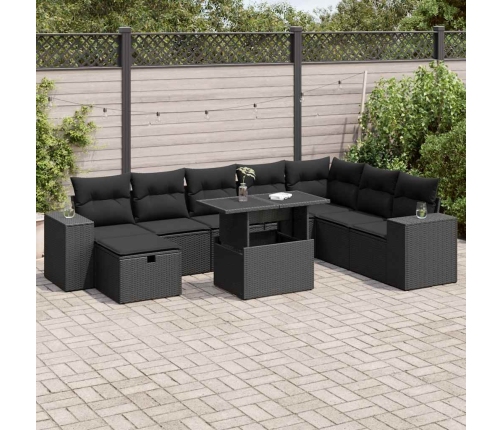 Set de sofás de jardín con cojines 9 pzas ratán sintético negro