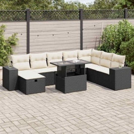 Set de sofás de jardín con cojines 9 pzas ratán sintético negro