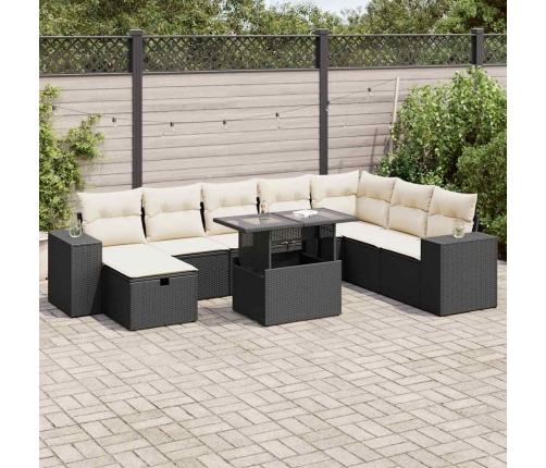 Set de sofás de jardín con cojines 9 pzas ratán sintético negro