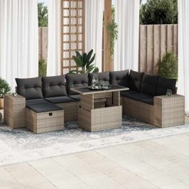Set de sofás de jardín con cojines 9 pzas ratán sintético gris