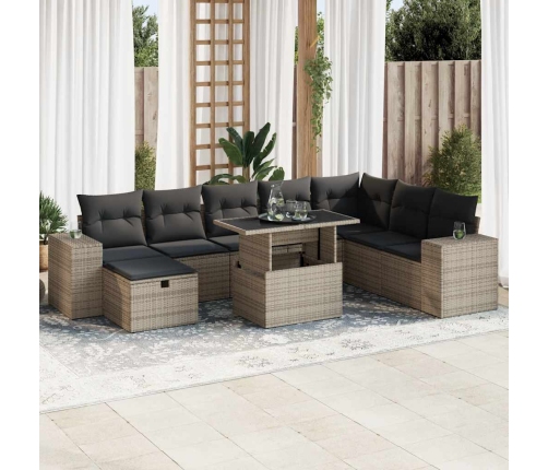 Set de sofás de jardín con cojines 9 pzas ratán sintético gris
