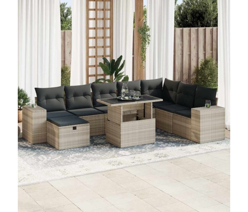 Set muebles jardín 9 pzas y cojines ratán sintético gris claro