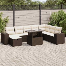 Set de sofás de jardín 9 pzas y cojines ratán sintético marrón