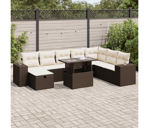 Set de sofás de jardín 9 pzas y cojines ratán sintético marrón