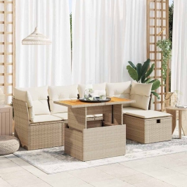 Set sofás jardín y cojines 6 pzas ratán sintético acacia beige