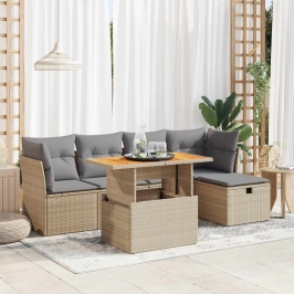 Set sofás jardín y cojines 6 pzas ratán sintético acacia beige