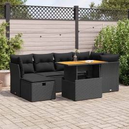 Set sofás jardín y cojines 7 pzas ratán sintético acacia negro
