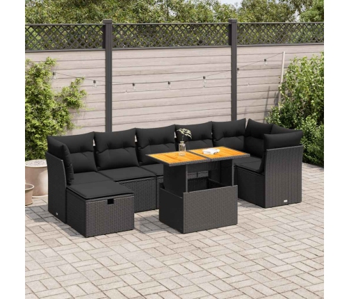 Set sofás jardín y cojines 8 pzas ratán sintético acacia negro