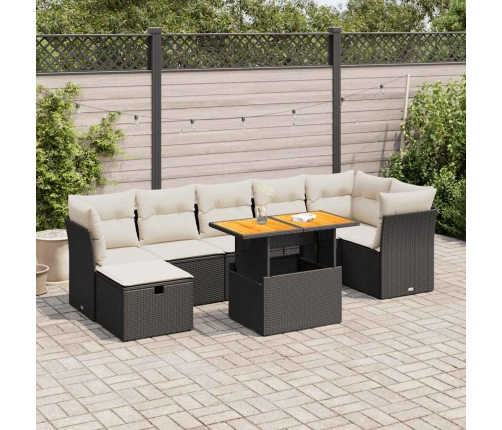 Set sofás jardín y cojines 8 pzas ratán sintético acacia negro