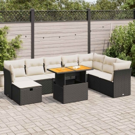Set sofás jardín y cojines 9 pzas ratán sintético acacia negro