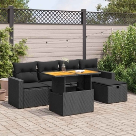 Set sofás jardín y cojines 6 pzas ratán sintético acacia negro