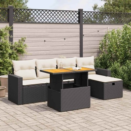 Set sofás jardín y cojines 6 pzas ratán sintético acacia negro