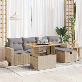 Set sofás jardín y cojines 6 pzas ratán sintético acacia beige