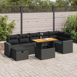 Set sofás jardín y cojines 5 pzas ratán sintético acacia negro