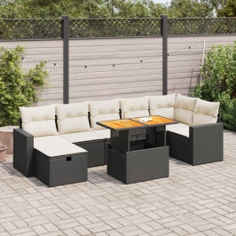 Set sofás jardín y cojines 5 pzas ratán sintético acacia negro