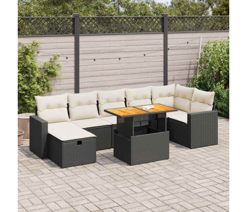Set sofás jardín y cojines 5 pzas ratán sintético acacia negro