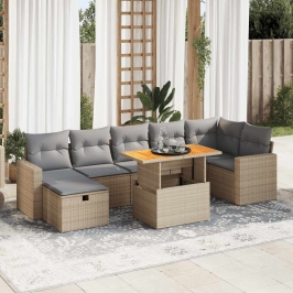 Set sofás jardín y cojines 5 pzas ratán sintético acacia beige