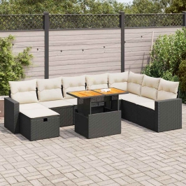 Set sofás jardín y cojines 9 pzas ratán sintético acacia negro