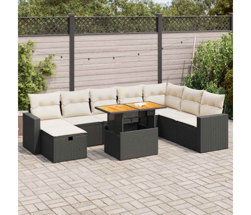 Set sofás jardín y cojines 9 pzas ratán sintético acacia negro