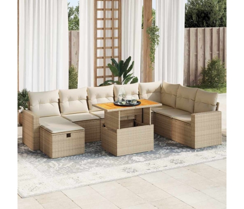 Set sofás jardín y cojines 9 pzas ratán sintético acacia beige