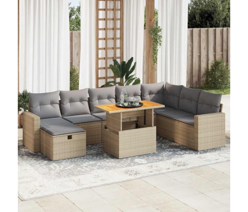 Set sofás jardín y cojines 9 pzas ratán sintético acacia beige