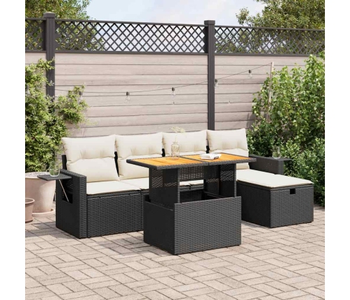 Set sofás jardín y cojines 6 pzas ratán sintético acacia negro