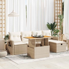 Set sofás jardín y cojines 6 pzas ratán sintético acacia beige