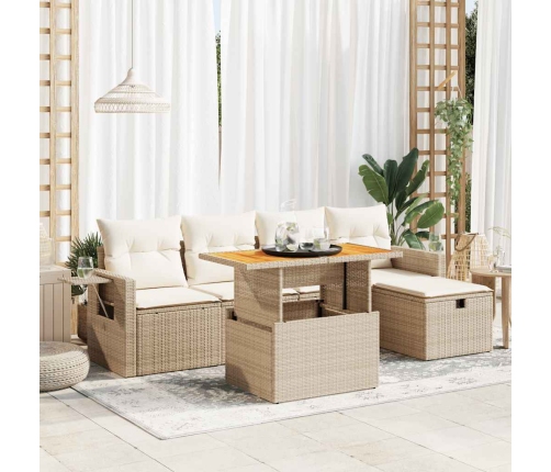 Set sofás jardín y cojines 6 pzas ratán sintético acacia beige