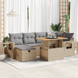 Set sofás jardín y cojines 8 pzas ratán sintético acacia beige