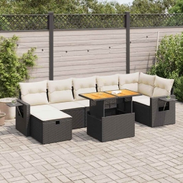 Set sofás jardín y cojines 5 pzas ratán sintético acacia negro