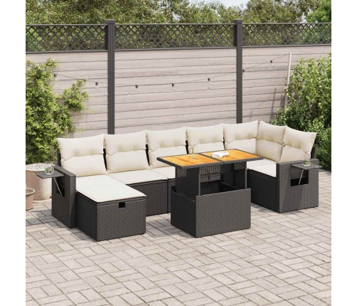 Set sofás jardín y cojines 5 pzas ratán sintético acacia negro